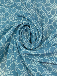 Teal Blue/Off-White 100% Polyester Geometric Floral Medallion Print Crepe Chiffon 56W