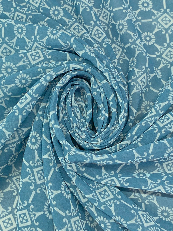 Teal Blue/Off-White 100% Polyester Geometric Floral Medallion Print Crepe Chiffon 56W