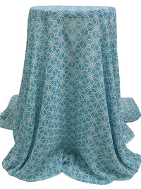 Teal Blue/Off-White 100% Polyester Geometric Floral Medallion Print Crepe Chiffon 56W