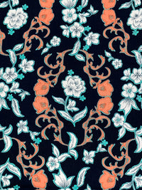 Dark Navy/Atomic Tangerine/White 100% Rayon Floral Medallion Print Crinkle Challis 56W