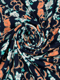 Dark Navy/Atomic Tangerine/White 100% Rayon Floral Medallion Print Crinkle Challis 56W