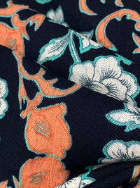 Dark Navy/Atomic Tangerine/White 100% Rayon Floral Medallion Print Crinkle Challis 56W