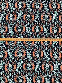 Dark Navy/Atomic Tangerine/White 100% Rayon Floral Medallion Print Crinkle Challis 56W