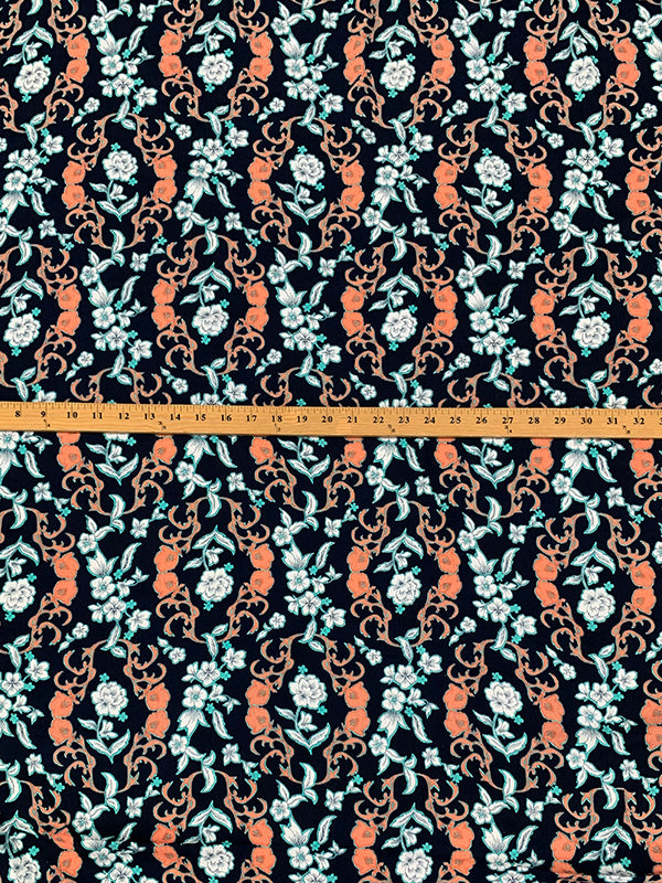 Dark Navy/Atomic Tangerine/White 100% Rayon Floral Medallion Print Crinkle Challis 56W