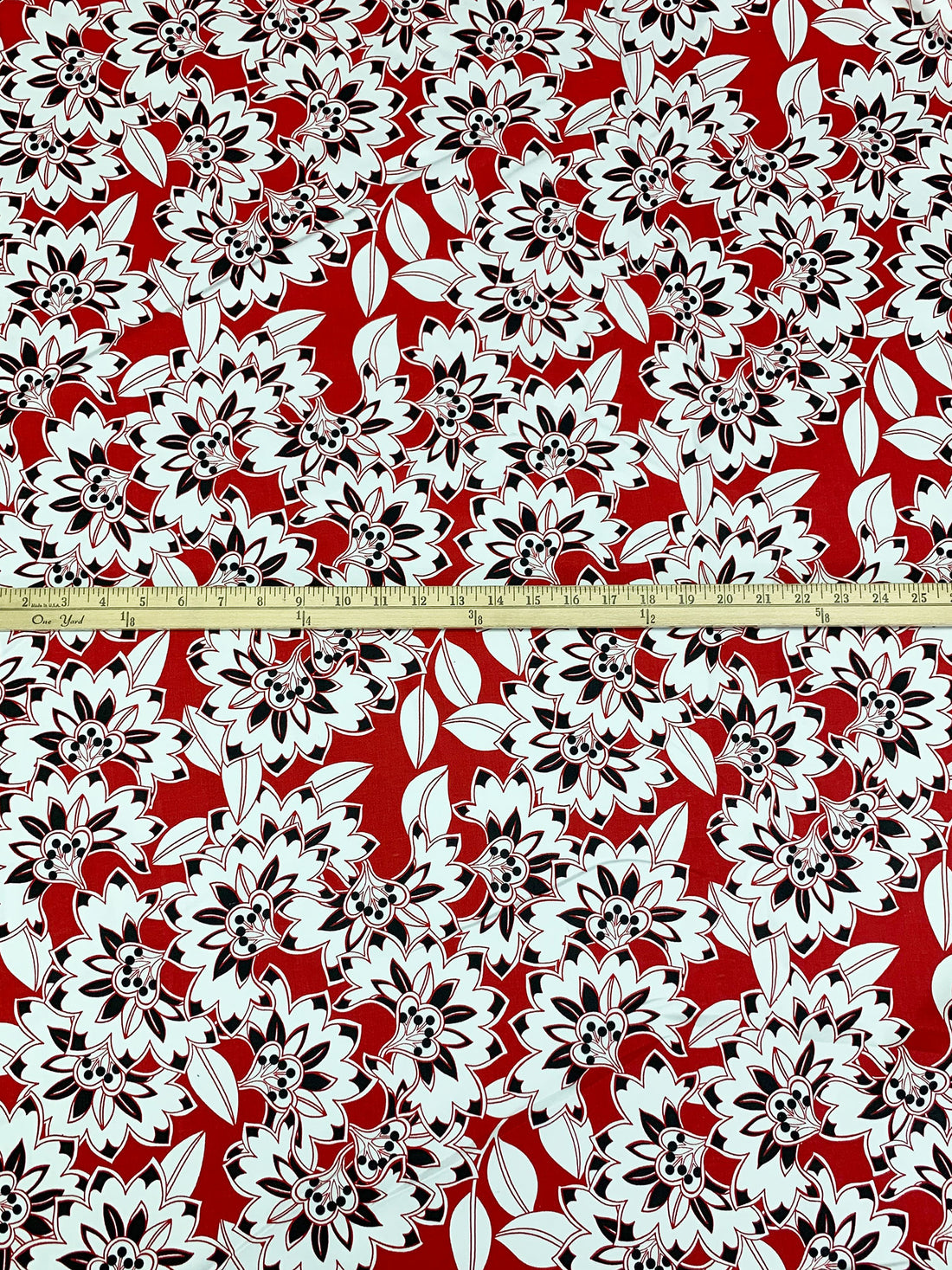 Crimson Red/White/Black Cotton/Lycra Stylized Floral Print Sateen Bottom Weight Woven - NY Designer - 54W