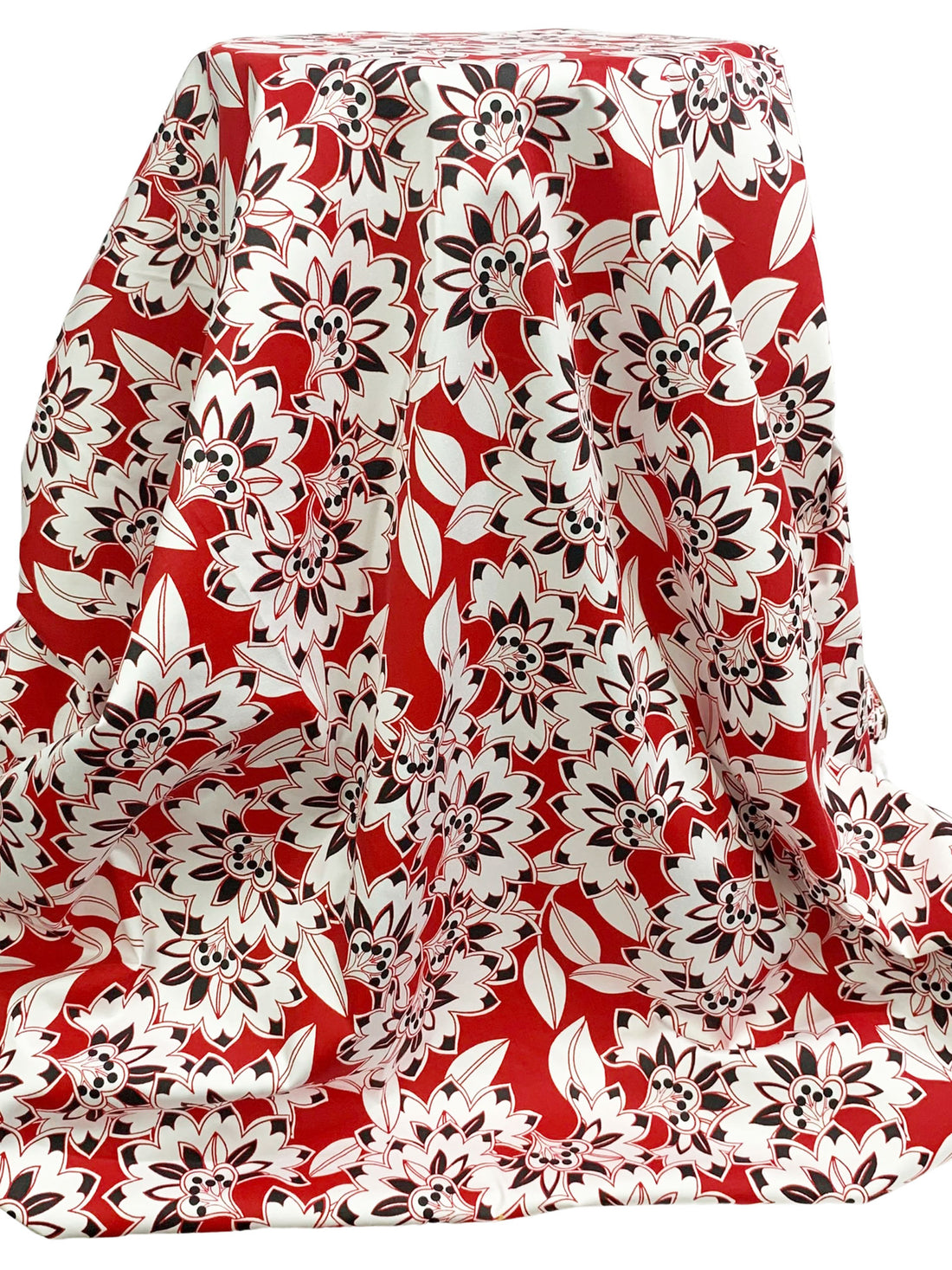 Crimson Red/White/Black Cotton/Lycra Stylized Floral Print Sateen Bottom Weight Woven - NY Designer - 54W