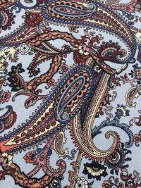 Dusty Cornflower/Salmon/Brick Red/Multi 100% Rayon Paisley Print Crinkle Challis 56W