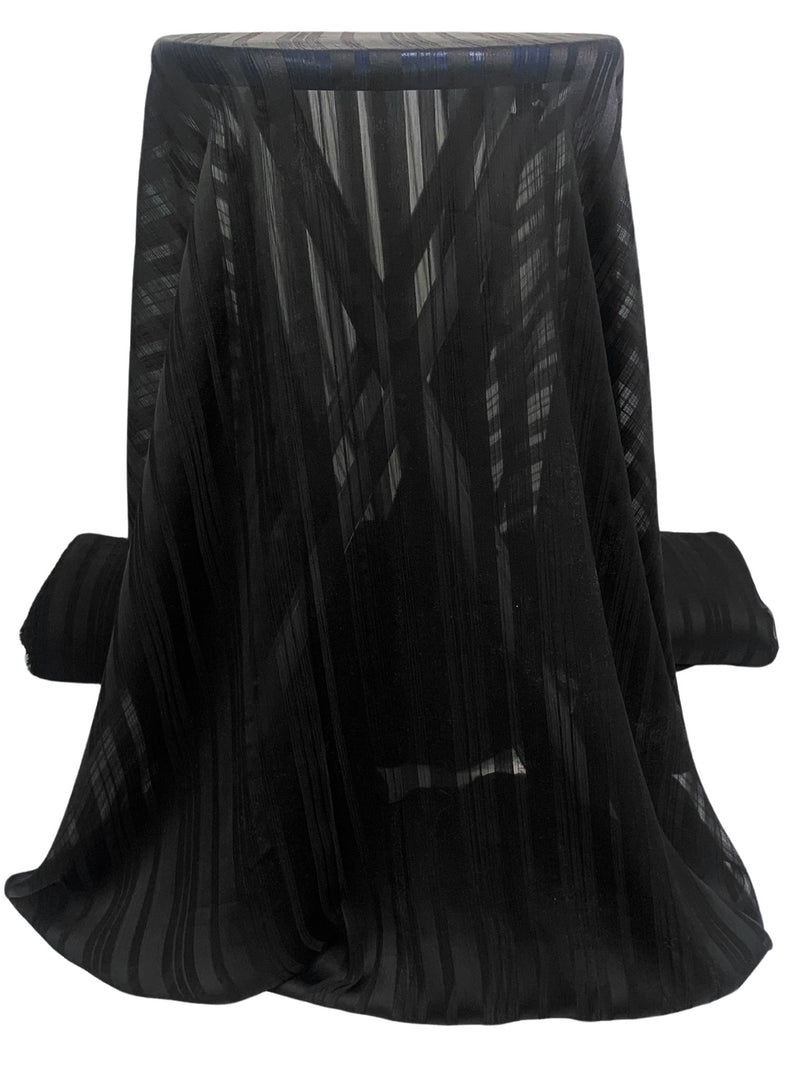 Black 100% Polyester Vertical Stripe Crinkle Chiffon 52W