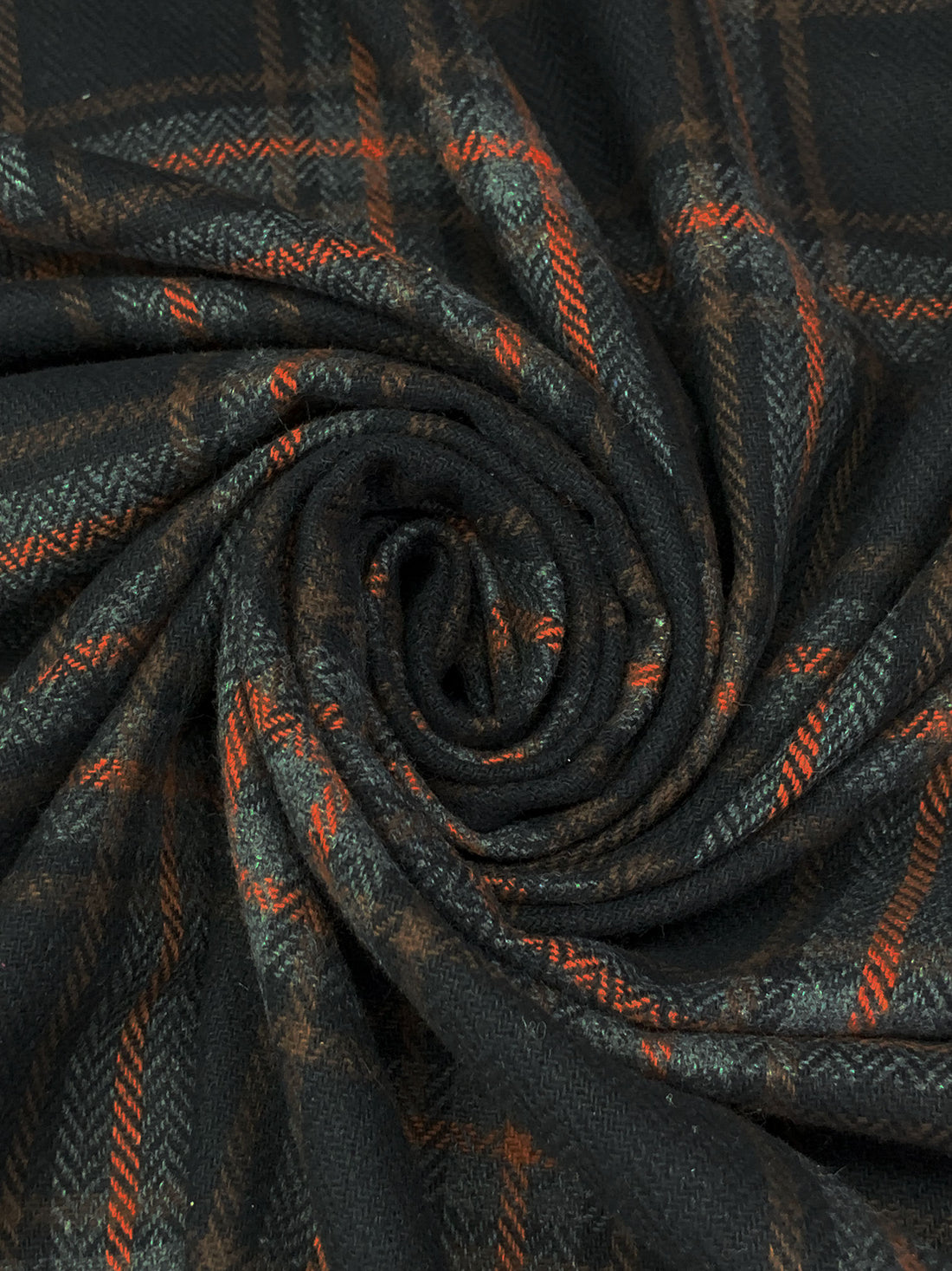 Black/Burnt Orange/Charcoal/Umber Polyester/Wool Plaid Flannel Suiting 59W