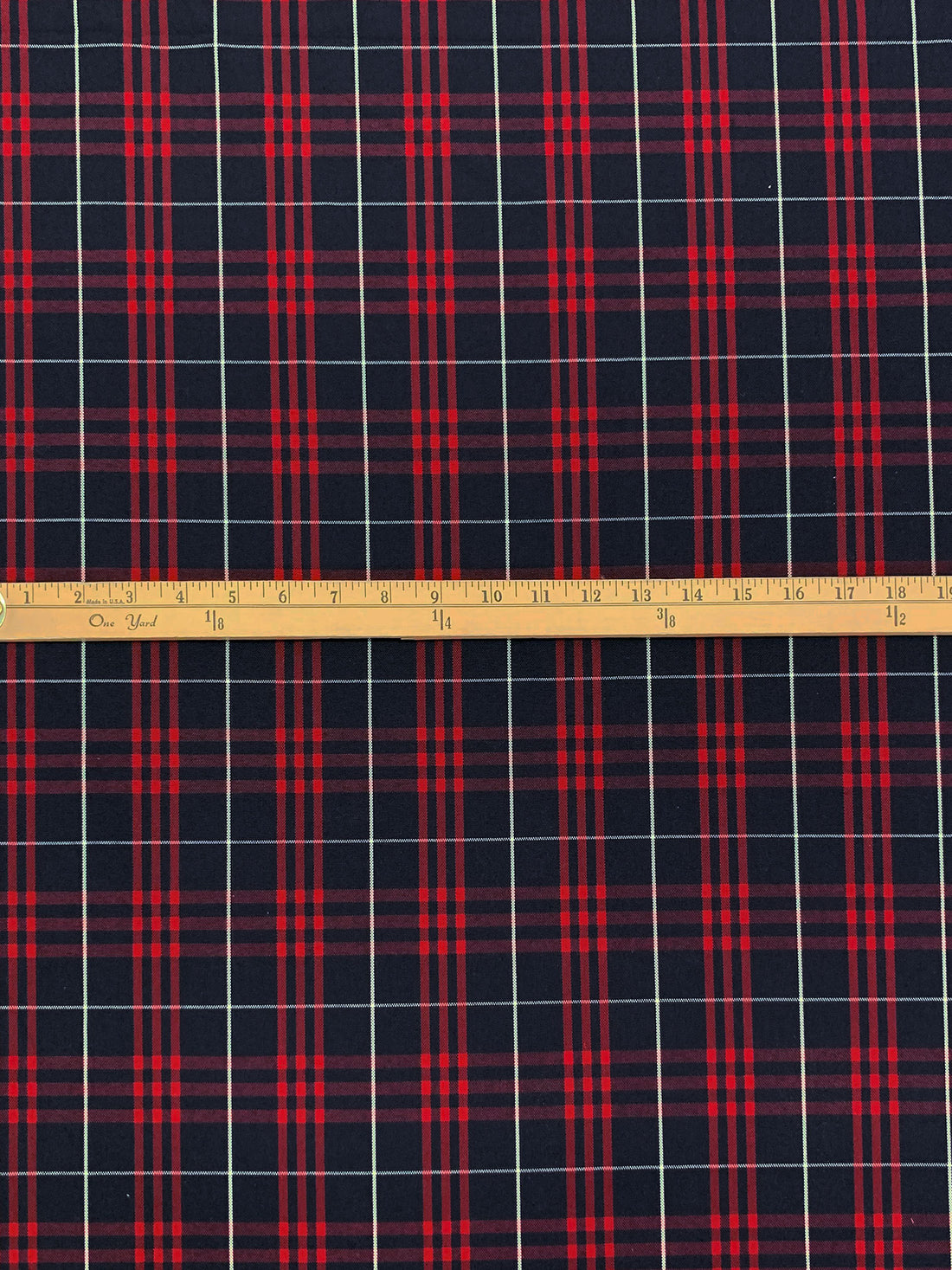 Dark Navy/Vivid Auburn/White 100% Polyester Yarn-Dyed Plaid Suiting 54W
