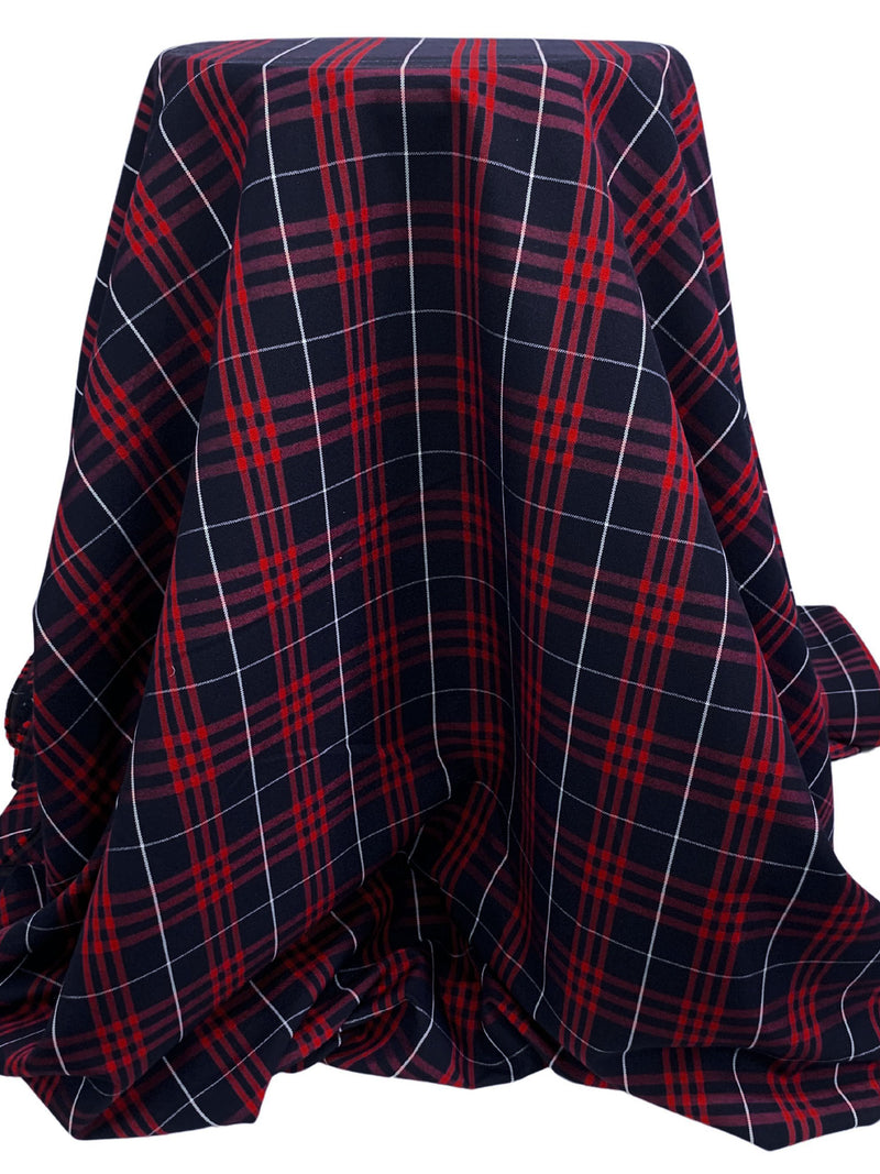 Dark Navy/Vivid Auburn/White 100% Polyester Yarn-Dyed Plaid Suiting 54W