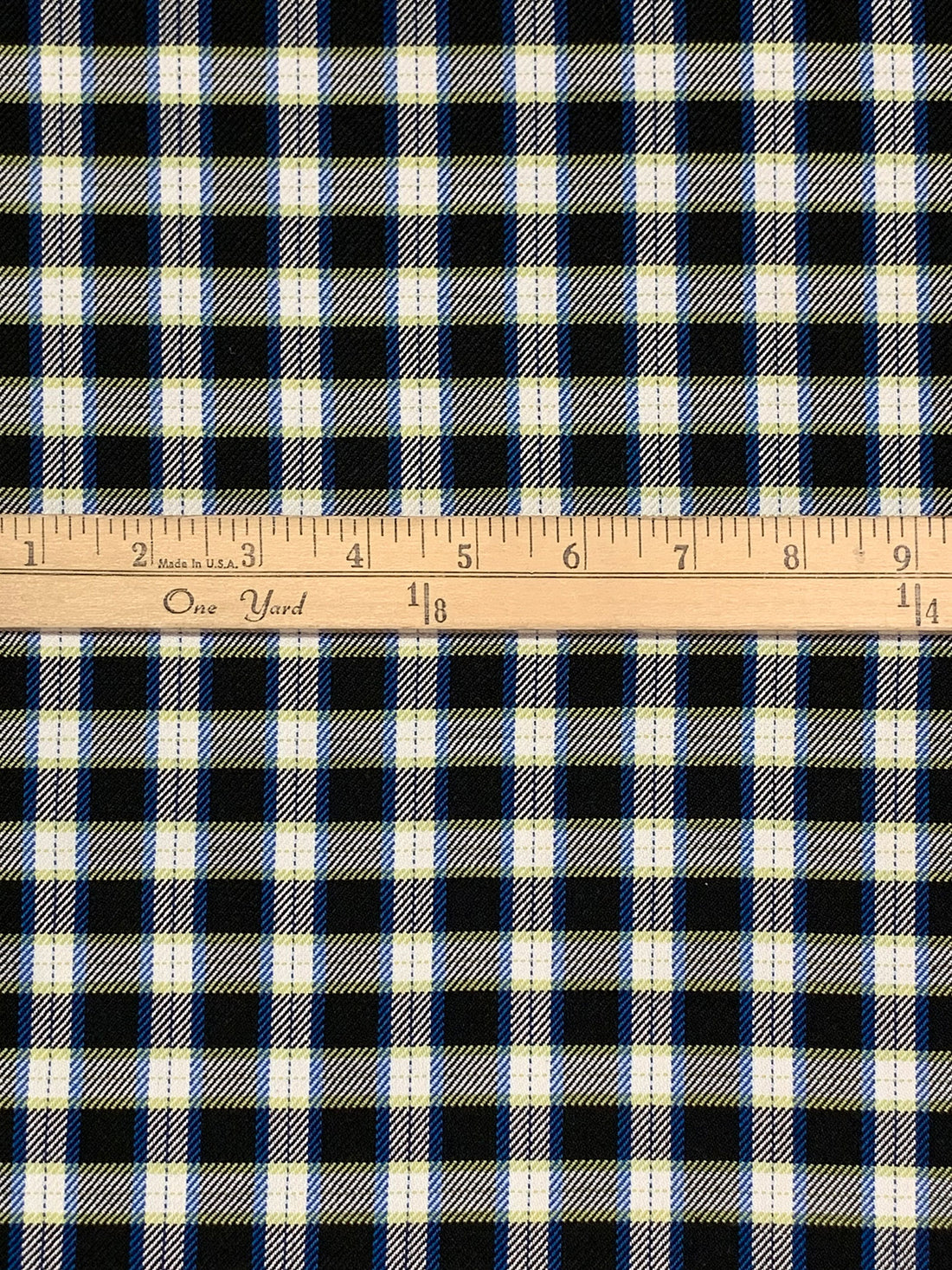 Dark Cerulean/Straw/Black/White Polyester/Rayon Yarn-Dyed Plaid Weave Suiting 58W