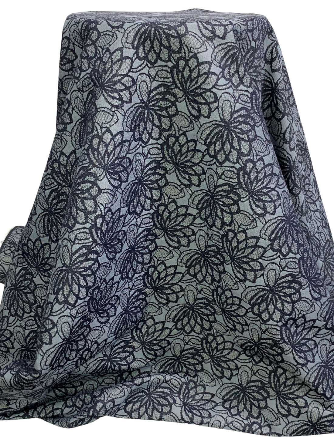 Navy/Sky Blue/White Rayon/Nylon/Lycra Floral Denim-Look Jacquard Stretch Bengaline Suiting 58W