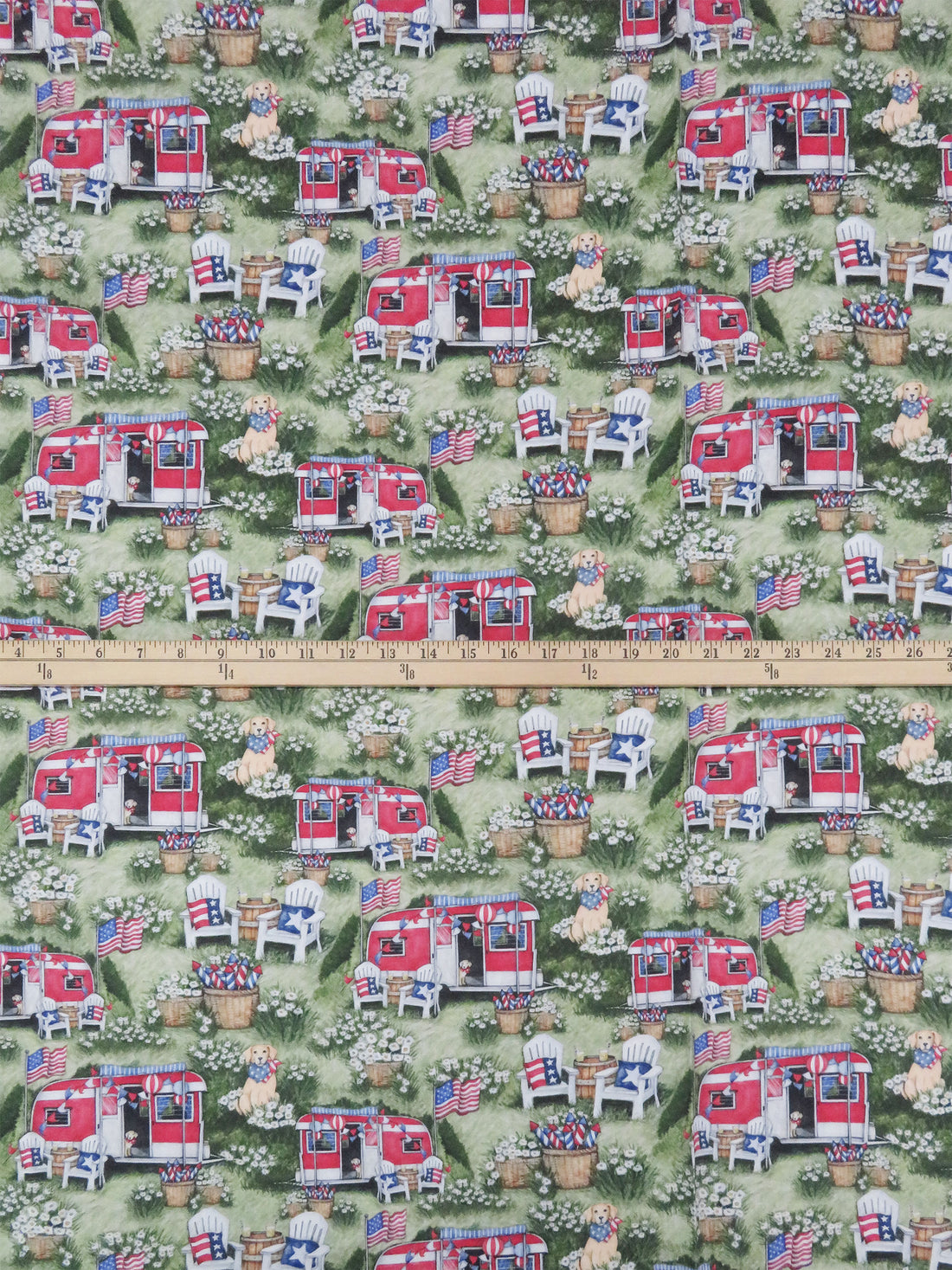 Laurel Green/Amaranth Red/Forest Green/Multi 100% Cotton Patriotic Camping Print Quilt Weight Woven 44W