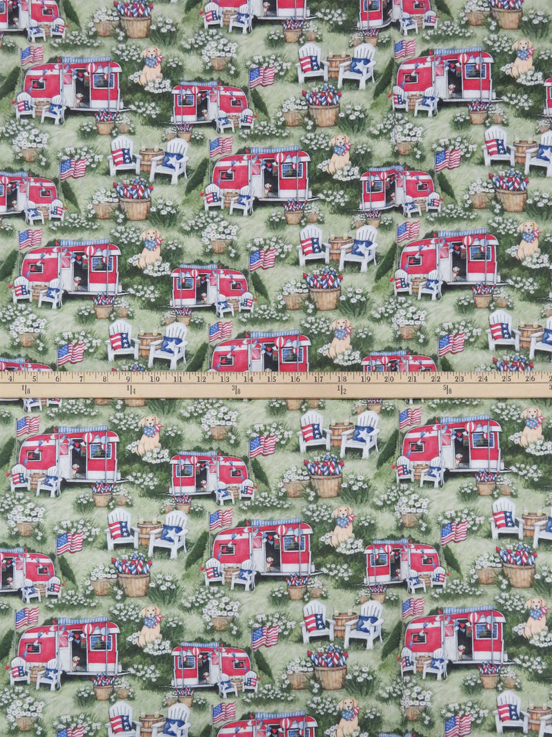 Laurel Green/Amaranth Red/Forest Green/Multi 100% Cotton Patriotic Camping Print Quilt Weight Woven 44W