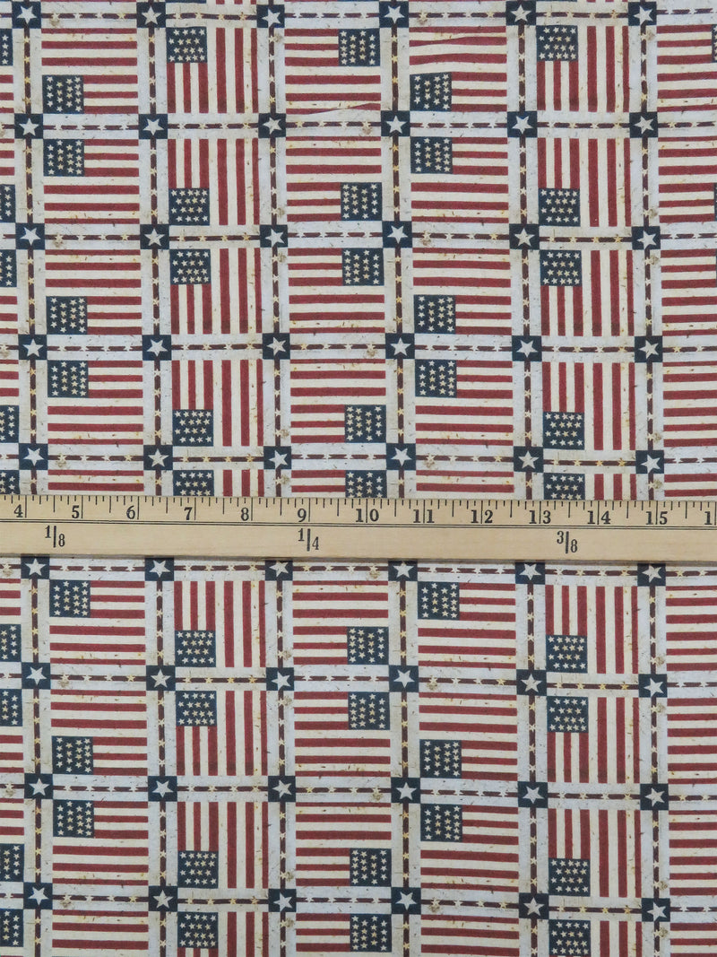 Sangria Red/Wet Cement/Dark Sapphire/Multi 100% Cotton American Flag Tile Print Quilt Weight Woven 44W