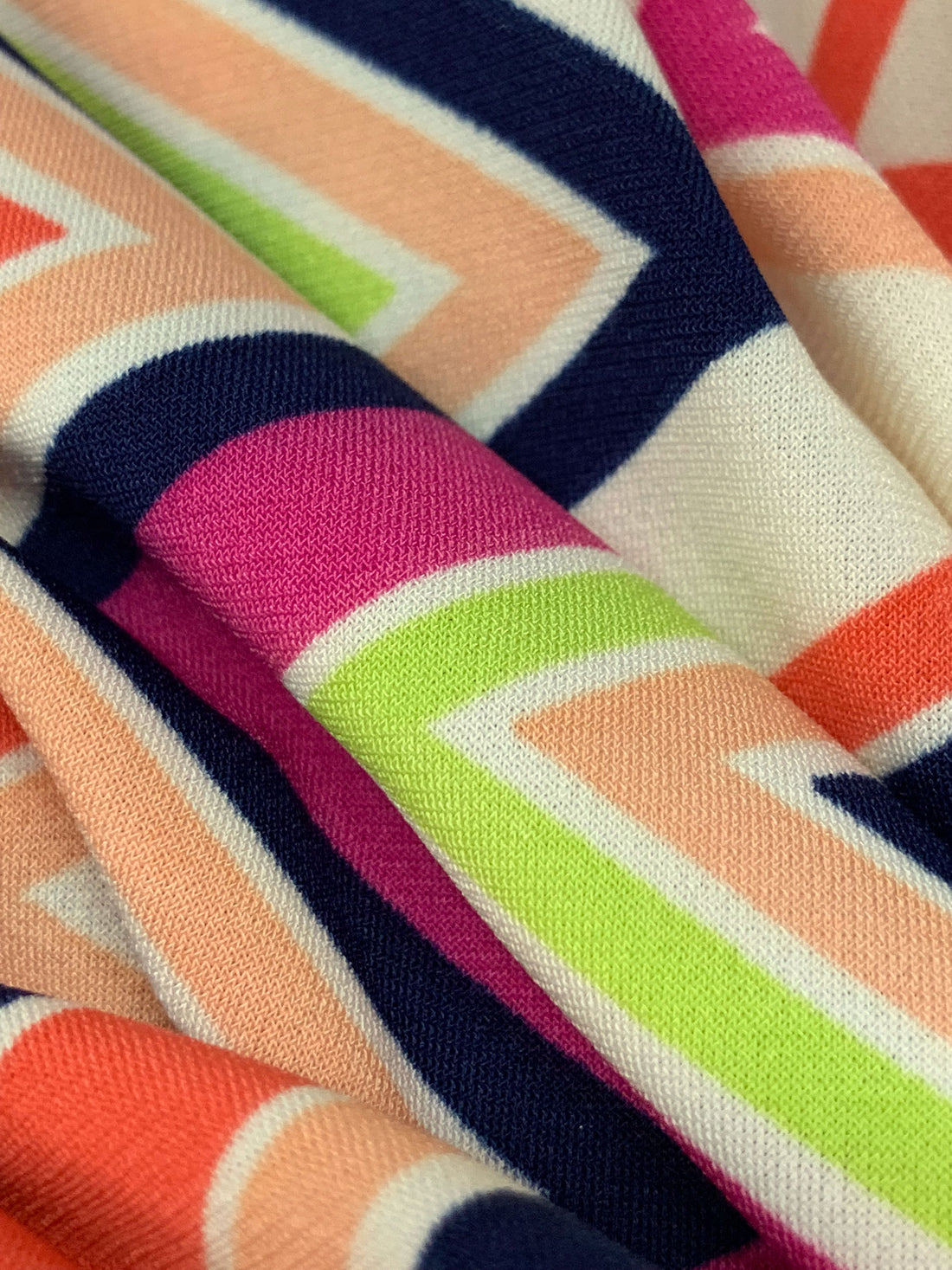 Fandango Pink/Navy Blue/Antique Off-White/Multi Polyester/Lycra Double Border Vertical Chevron Print ITY Knit 57W