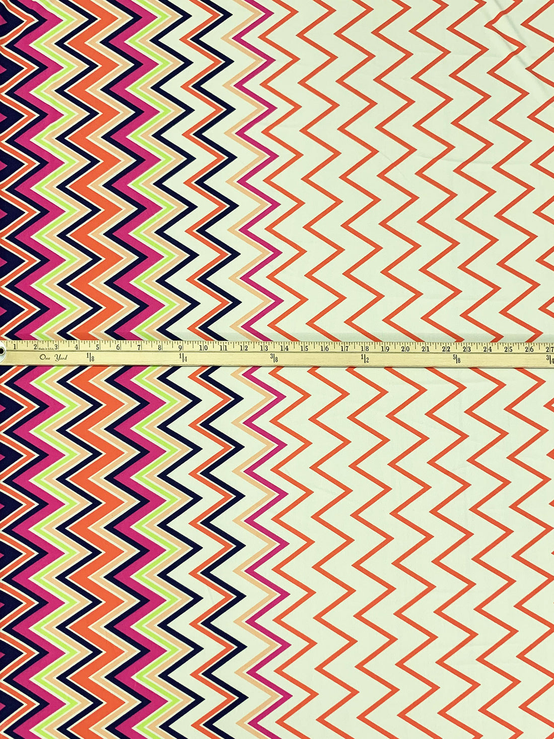 Fandango Pink/Navy Blue/Antique Off-White/Multi Polyester/Lycra Double Border Vertical Chevron Print ITY Knit 57W