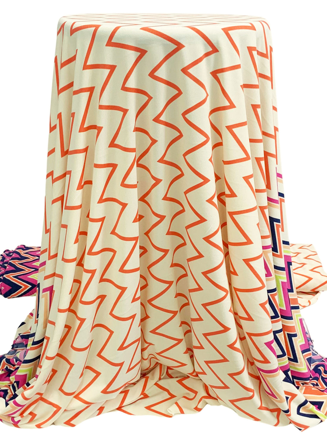 Fandango Pink/Navy Blue/Antique Off-White/Multi Polyester/Lycra Double Border Vertical Chevron Print ITY Knit 57W