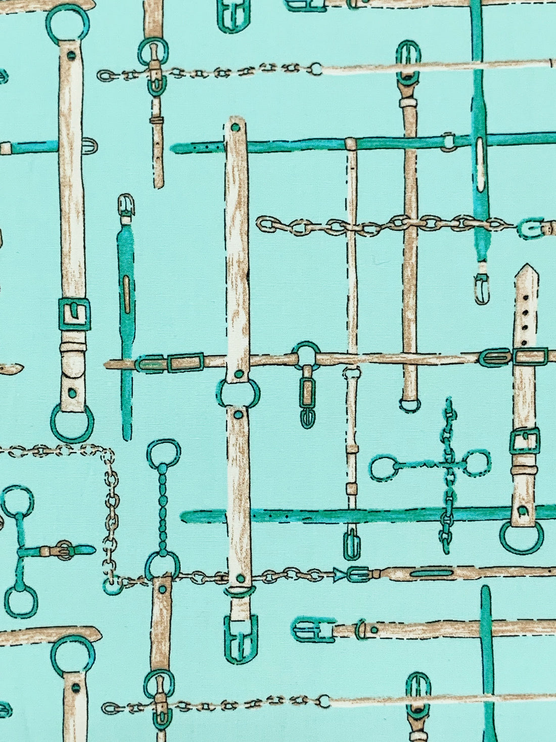 Pale Turquoise/Mocha/Carribean Teal/Multi Cotton/Lycra Belts & Chains Print Stretch Poplin Shirting - NY Designer - 54W