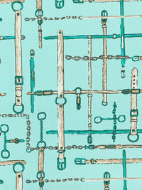 Pale Turquoise/Mocha/Carribean Teal/Multi Cotton/Lycra Belts & Chains Print Stretch Poplin Shirting - NY Designer - 54W