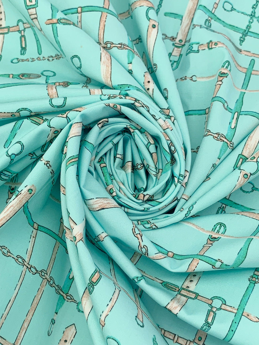 Pale Turquoise/Mocha/Carribean Teal/Multi Cotton/Lycra Belts & Chains Print Stretch Poplin Shirting - NY Designer - 54W