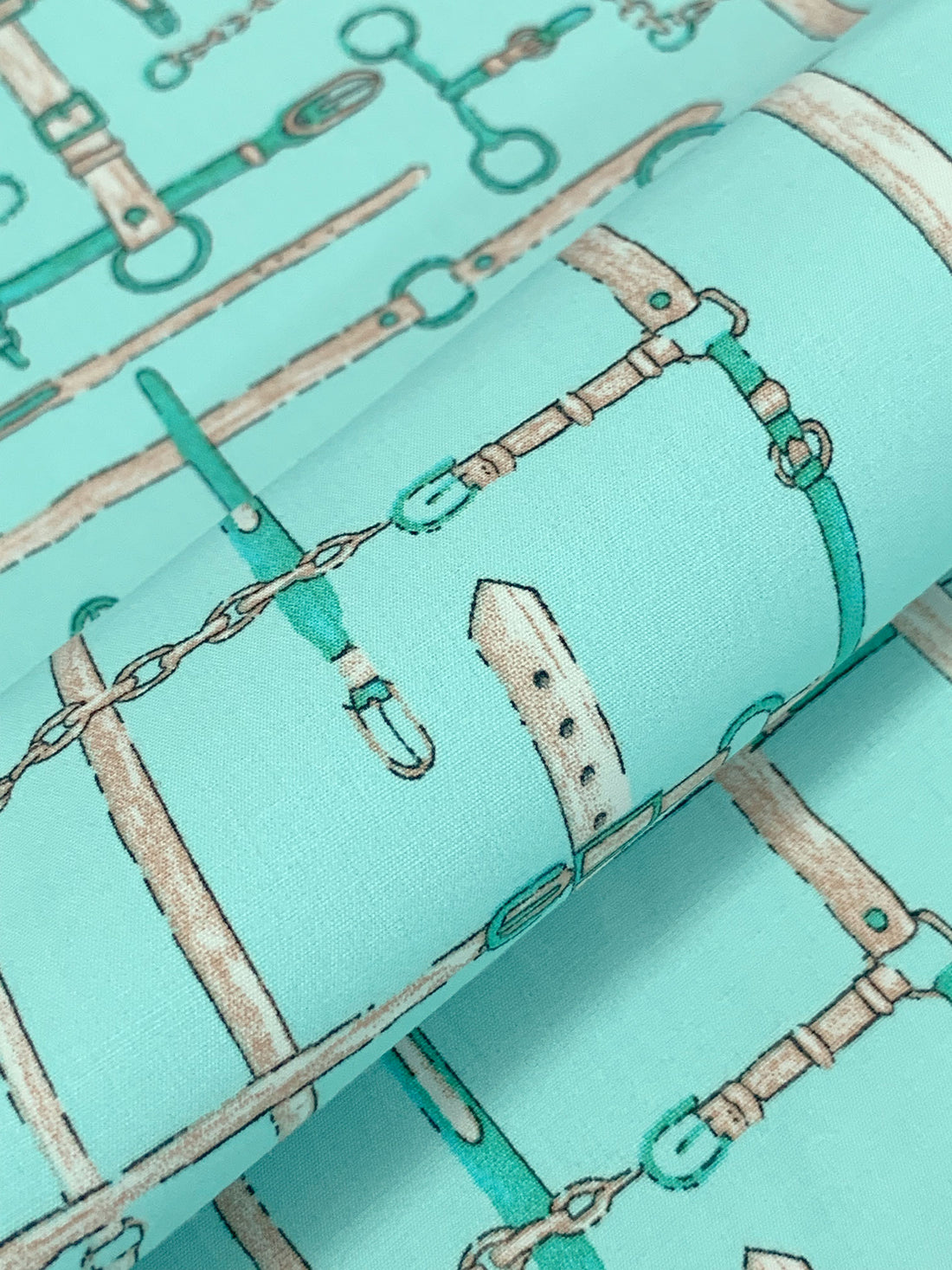 Pale Turquoise/Mocha/Carribean Teal/Multi Cotton/Lycra Belts & Chains Print Stretch Poplin Shirting - NY Designer - 54W