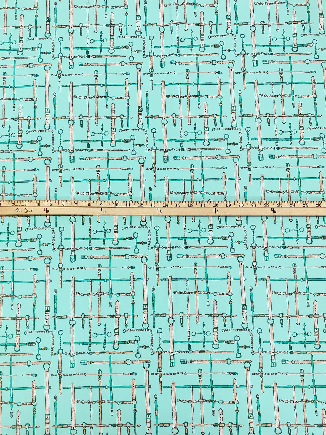 Pale Turquoise/Mocha/Carribean Teal/Multi Cotton/Lycra Belts & Chains Print Stretch Poplin Shirting - NY Designer - 54W