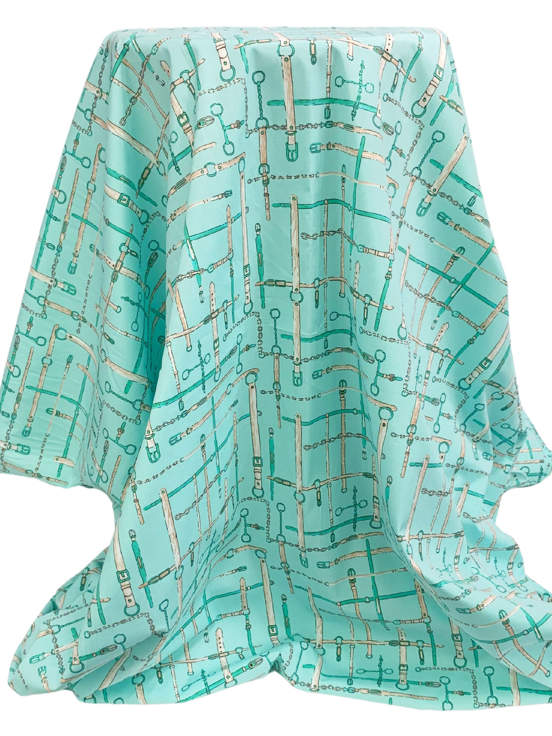 Pale Turquoise/Mocha/Carribean Teal/Multi Cotton/Lycra Belts & Chains Print Stretch Poplin Shirting - NY Designer - 54W