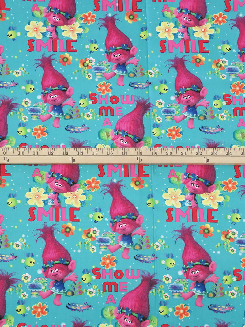 Aqua Blue/Magenta/Deep Cherry Red/Multi 100% Cotton "Trolls - Poppy True Colors Are Beautiful" Print Quilt Weight Woven 44W