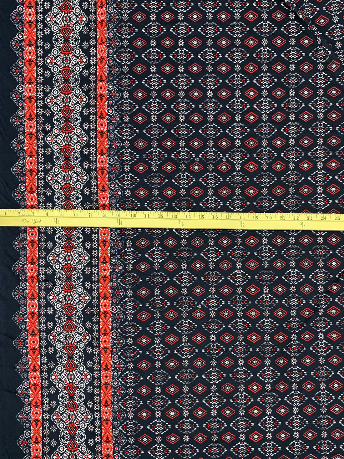 Navy/Fire Opal/White Polyester/Lycra Double Border Abstract Medallion Print DTY Knit 58W