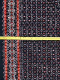 Navy/Fire Opal/White Polyester/Lycra Double Border Abstract Medallion Print DTY Knit 58W