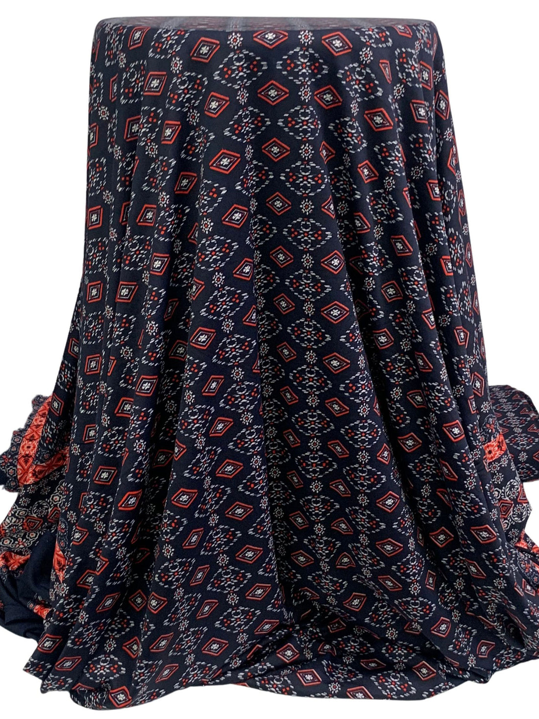 Navy/Fire Opal/White Polyester/Lycra Double Border Abstract Medallion Print DTY Knit 58W