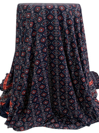 Navy/Fire Opal/White Polyester/Lycra Double Border Abstract Medallion Print DTY Knit 58W