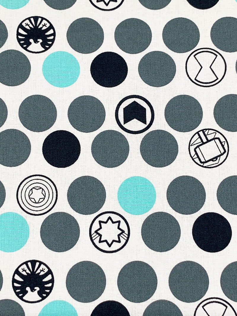 White/Slate/Muted Midnight Navy 100% Cotton Marvel Kawaii Nursery Avenger Icon Print Quilt Weight Woven 43W