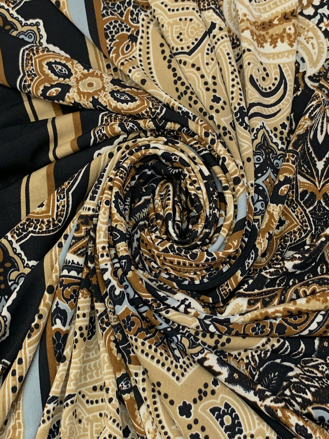 Bronze/Tan/Black/Pewter Blue Polyester/Lycra Double Border Stylized Scrolls Print ITY Knit 60W