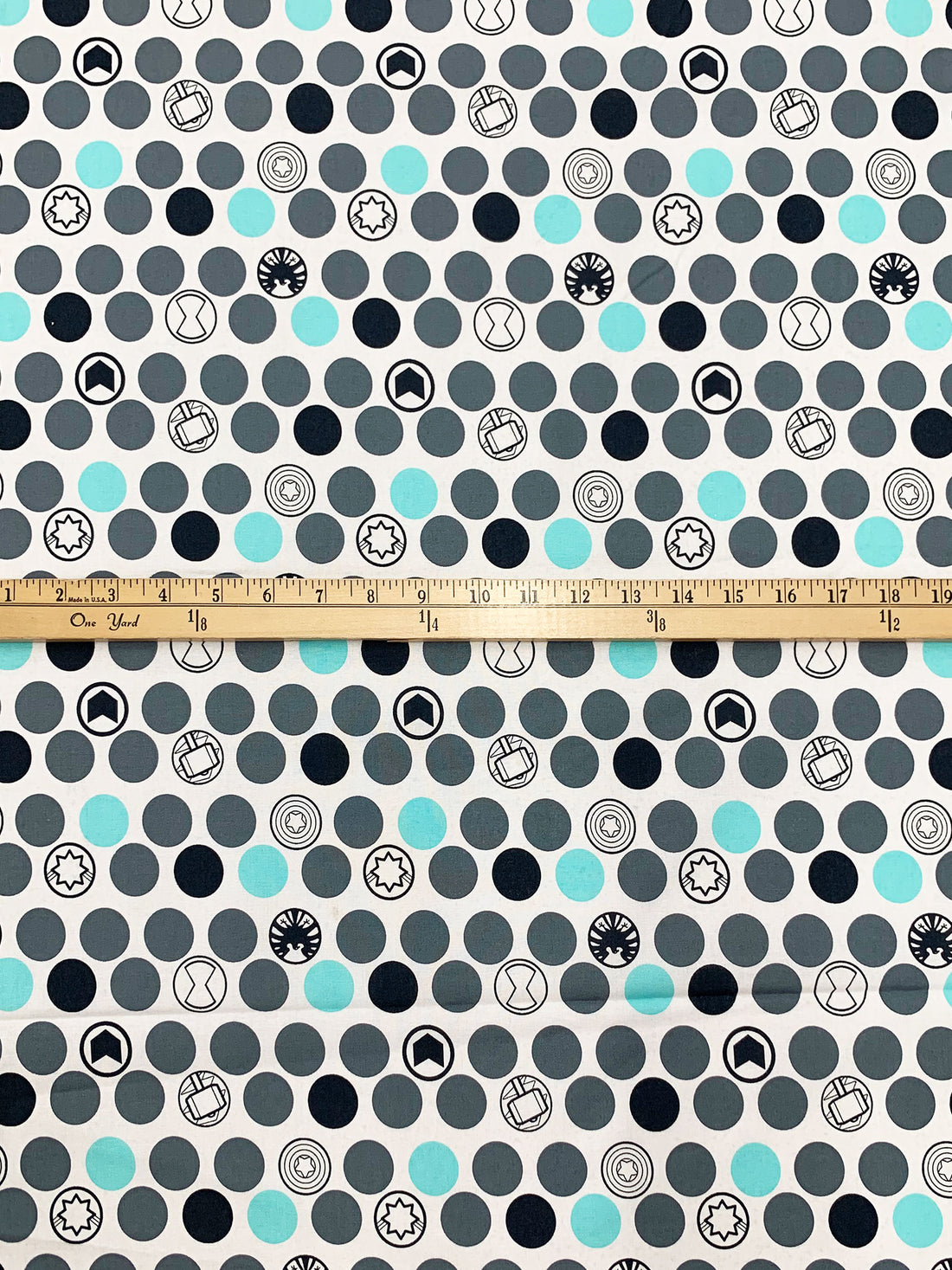 White/Slate/Muted Midnight Navy 100% Cotton Marvel Kawaii Nursery Avenger Icon Print Quilt Weight Woven 43W