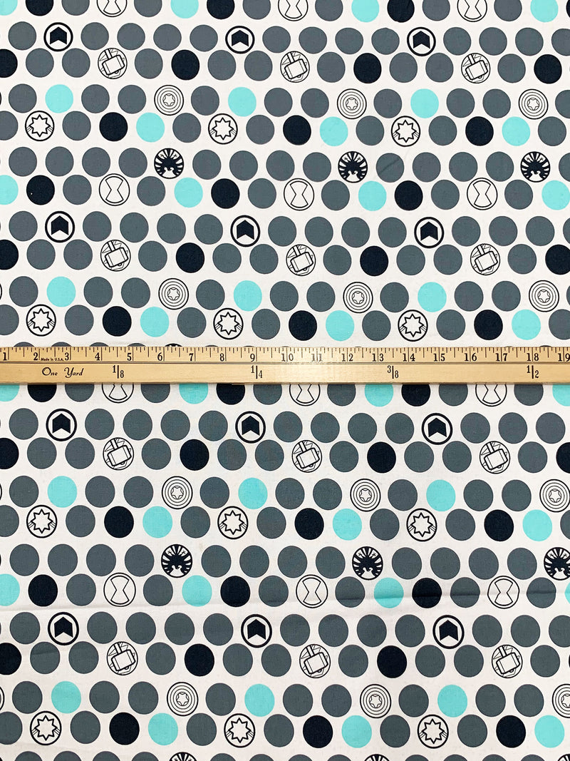 White/Slate/Muted Midnight Navy 100% Cotton Marvel Kawaii Nursery Avenger Icon Print Quilt Weight Woven 43W