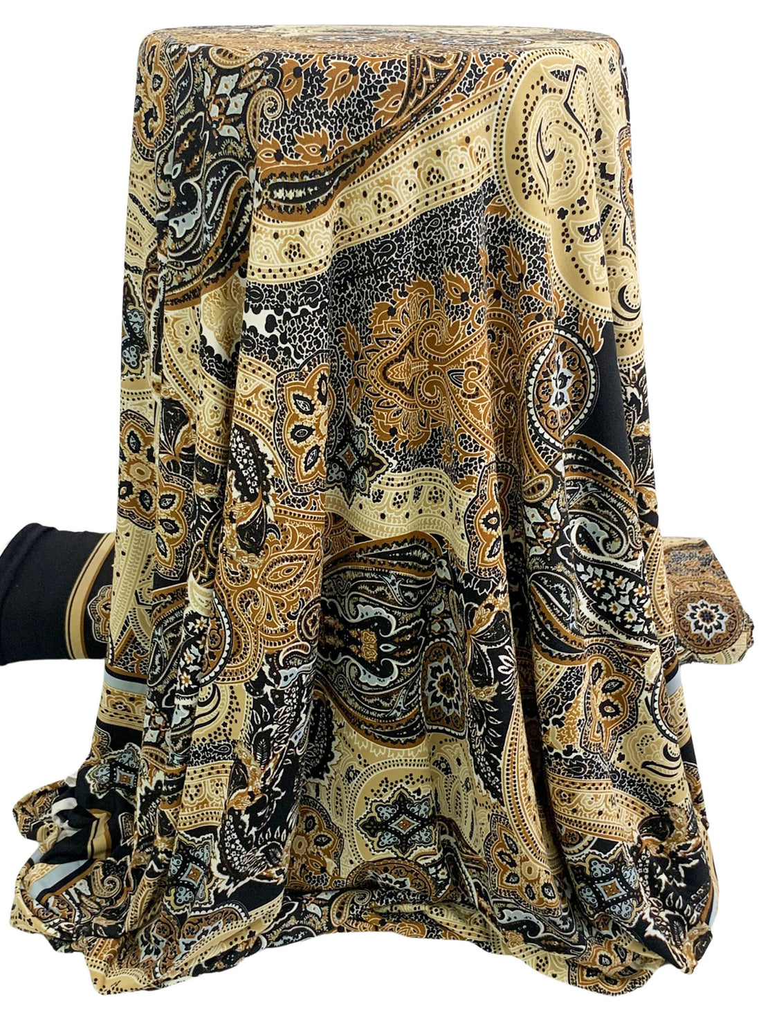 Bronze/Tan/Black/Pewter Blue Polyester/Lycra Double Border Stylized Scrolls Print ITY Knit 60W