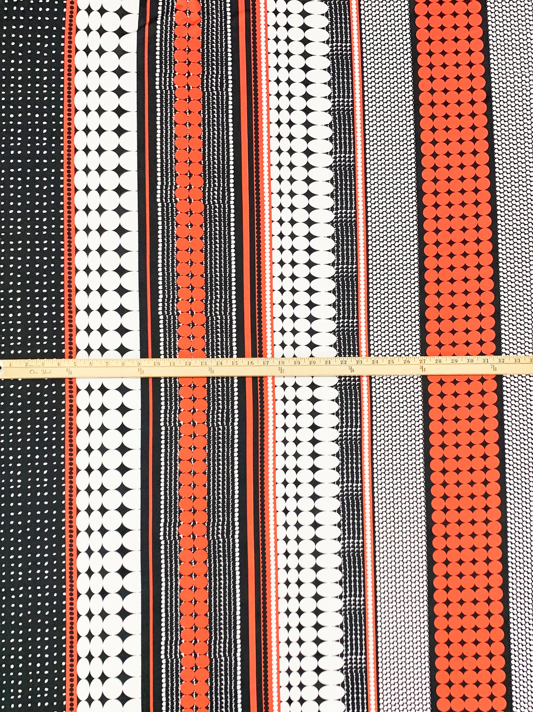 Burning Tomato/Black/White Polyester/Lycra Large Mirrored Vertical Multi-Dot Stripe Print DTY Knit 60W