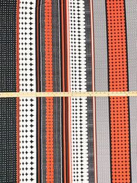Burning Tomato/Black/White Polyester/Lycra Large Mirrored Vertical Multi-Dot Stripe Print DTY Knit 60W