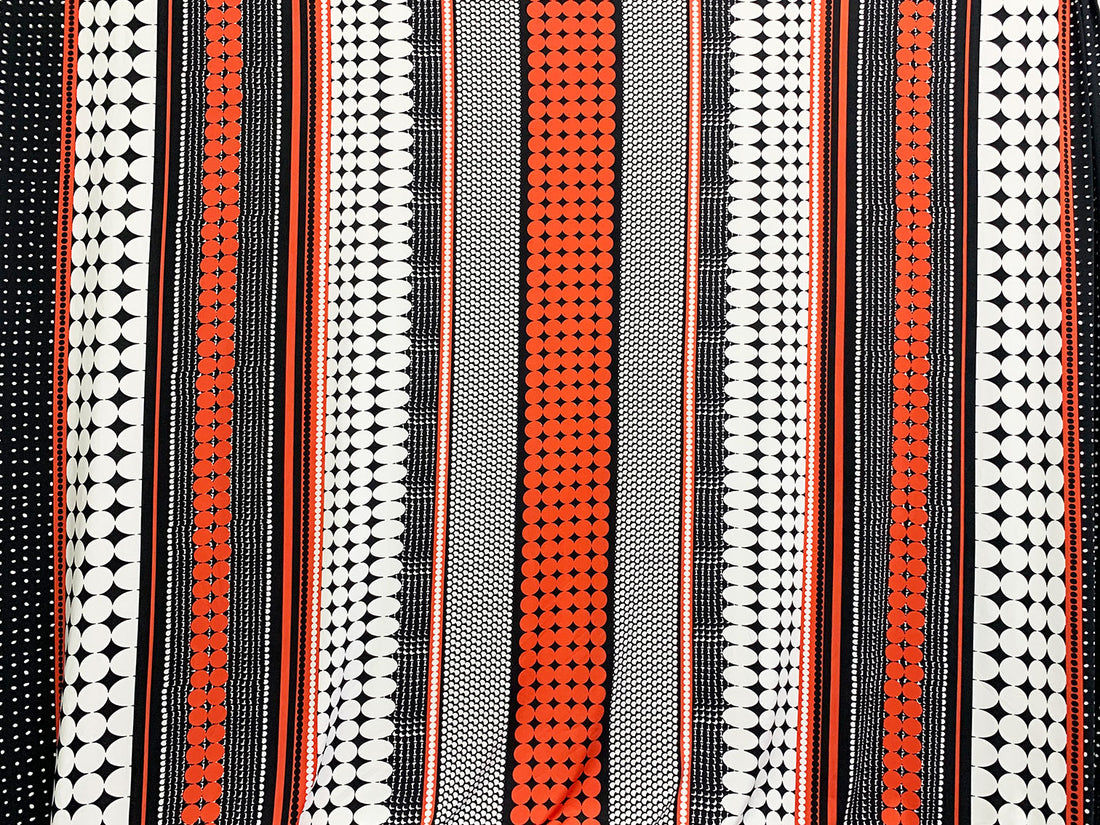 Burning Tomato/Black/White Polyester/Lycra Large Mirrored Vertical Multi-Dot Stripe Print DTY Knit 60W