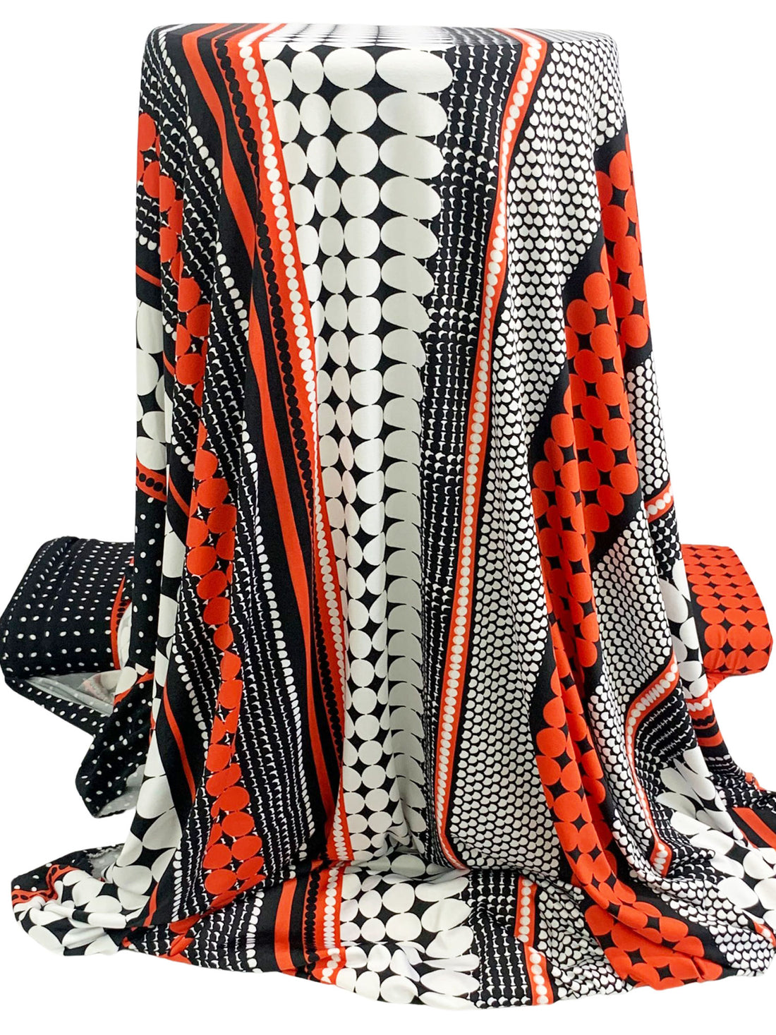 Burning Tomato/Black/White Polyester/Lycra Large Mirrored Vertical Multi-Dot Stripe Print DTY Knit 60W