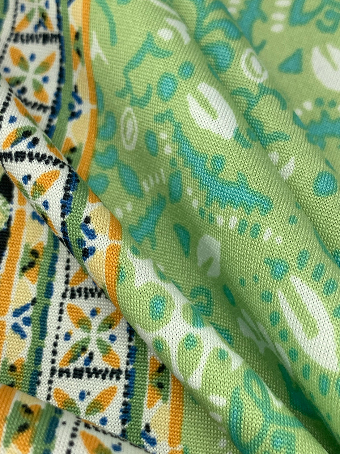 Stem Green/Turquoise/Off-White/Goldenrod Polyester/Lycra Double Border Abstract Framework Print DTY Knit 60W