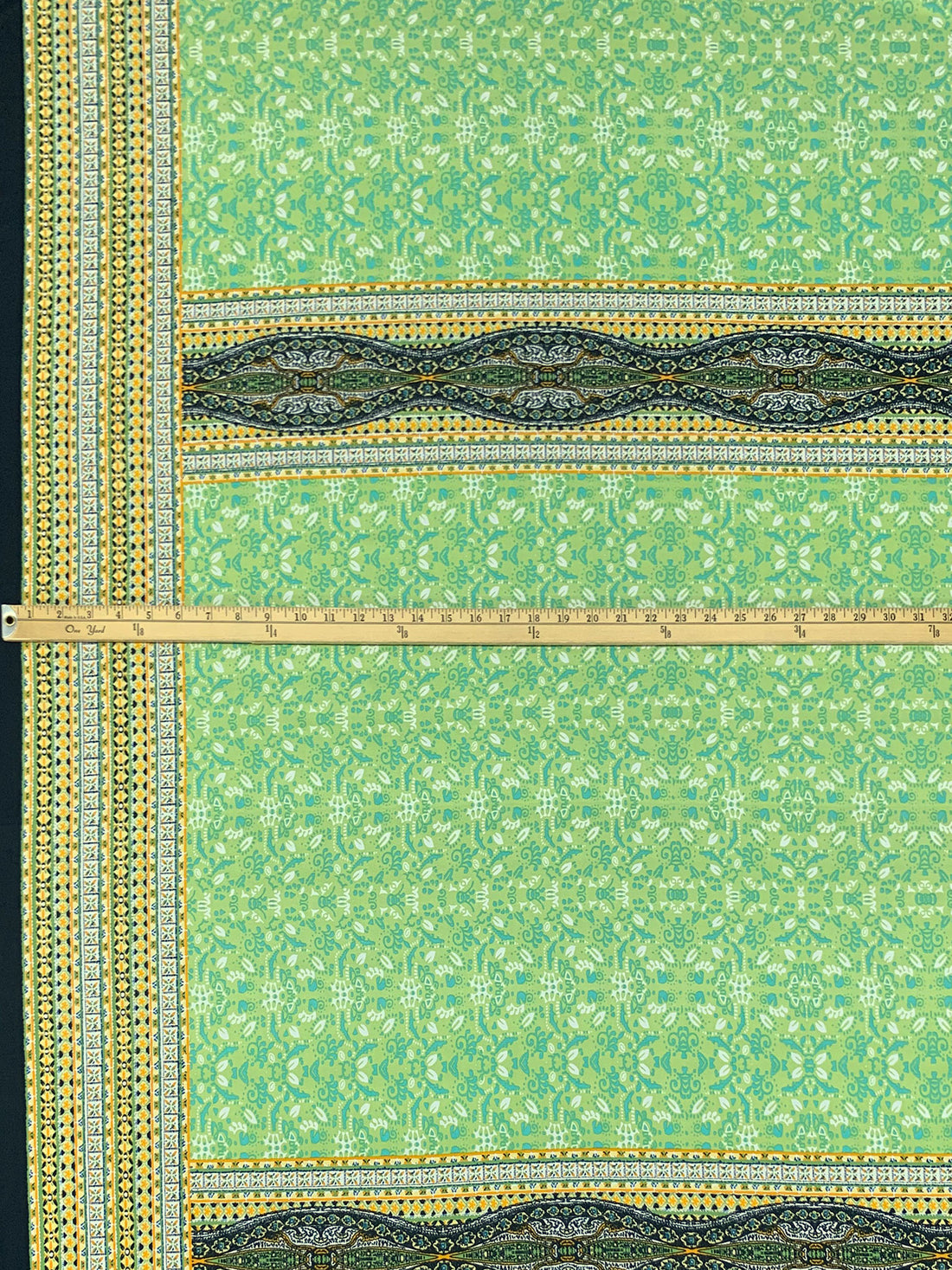 Stem Green/Turquoise/Off-White/Goldenrod Polyester/Lycra Double Border Abstract Framework Print DTY Knit 60W