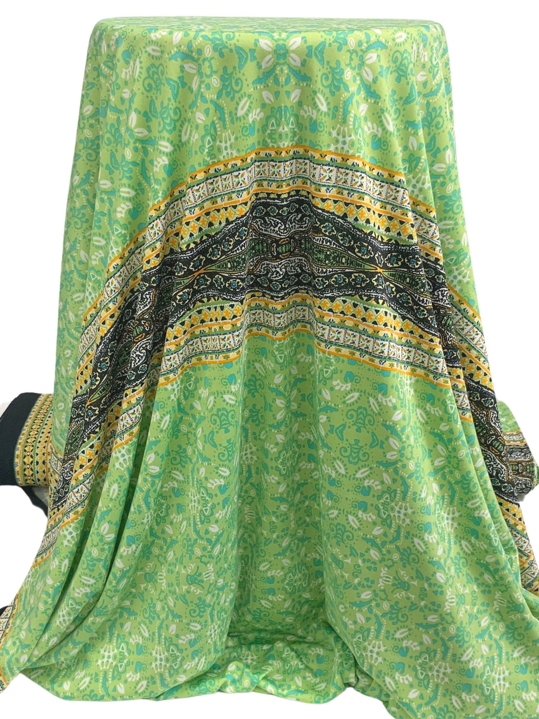 Stem Green/Turquoise/Off-White/Goldenrod Polyester/Lycra Double Border Abstract Framework Print DTY Knit 60W