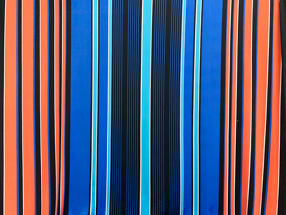 Fiesta Orange/Vivid Blue/Black/White Polyester/Lycra Large Vertical Stripe Print DTY Knit 60W