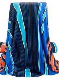 Fiesta Orange/Vivid Blue/Black/White Polyester/Lycra Large Vertical Stripe Print DTY Knit 60W