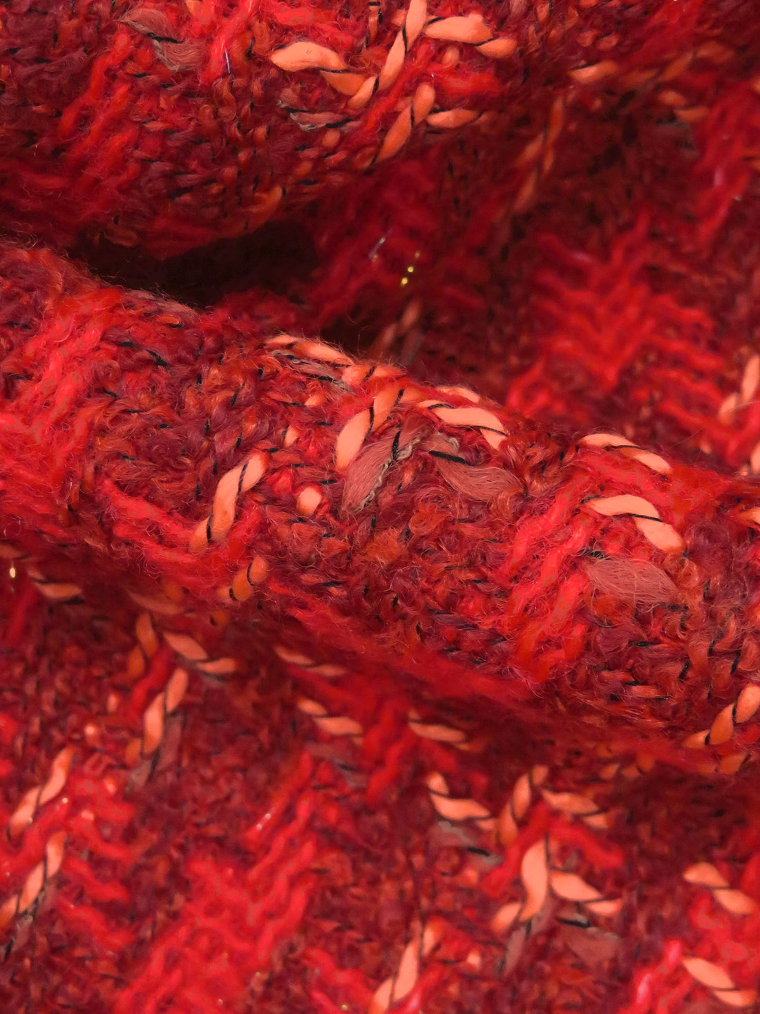 Scarlet/Coral Orange/Black/Multi Polyester/Wool Novelty Grid Weave Boucle Suiting - NY Designer - 58W