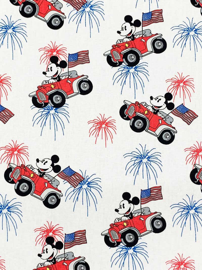 White/Red/Blue 100% Cotton Mickey Patriotic Car Print Quilt Weight Woven 44W